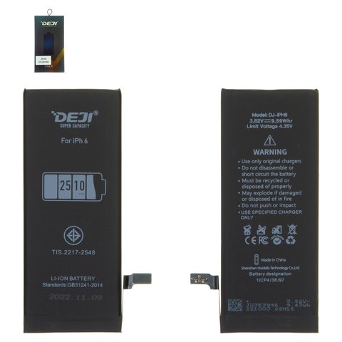 Batería Deji puede usarse con Apple iPhone 6, Li ion, 3.82 V, 2510 mAh, original IC