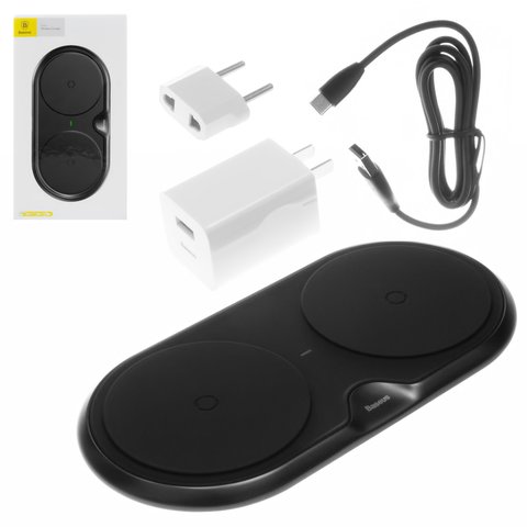 Cargador inalámbrico Baseus Dual, Quick Charge, para dos teléfonos, 220 V, USB tipo C entrada 5V 3A 9V 3A , salidas 5V 7.5V 10V , negro, USB tipo C, plástico, metal, #WXXHJ 01