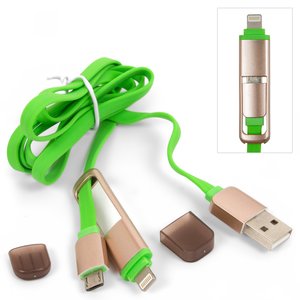 USB кабель, USB тип A, micro USB тип B, Lightning, зелений, 2 в 1