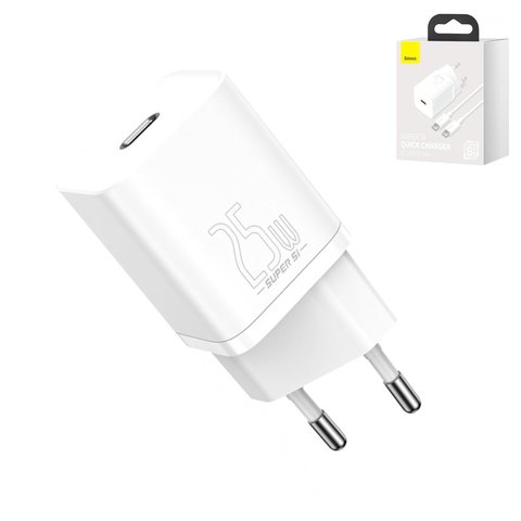 Мережевий зарядний пристрій Baseus Super Si, Quick Charge, 220 В, біле, USB тип C, з кабелем USB тип C до USB тип C, 25 Вт, #TZCCSUP L02